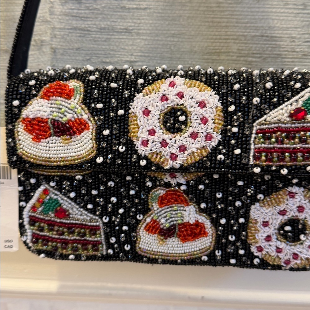 NWT new Anthropologie Fiona beaded shoulder bag holiday desserts black winter - Picture 9 of 17
